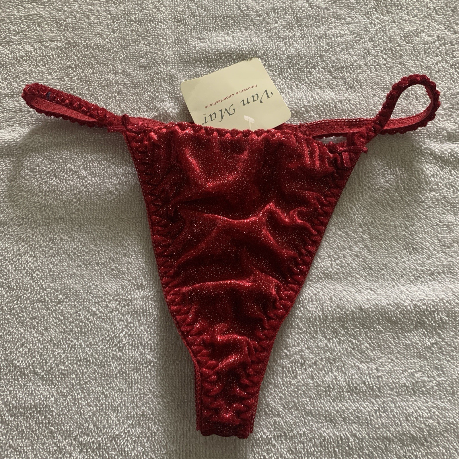 Women’s S/5 VAN MAR Vintage Red Velvet Glitter Sparkle Bow Thong Panties NWT