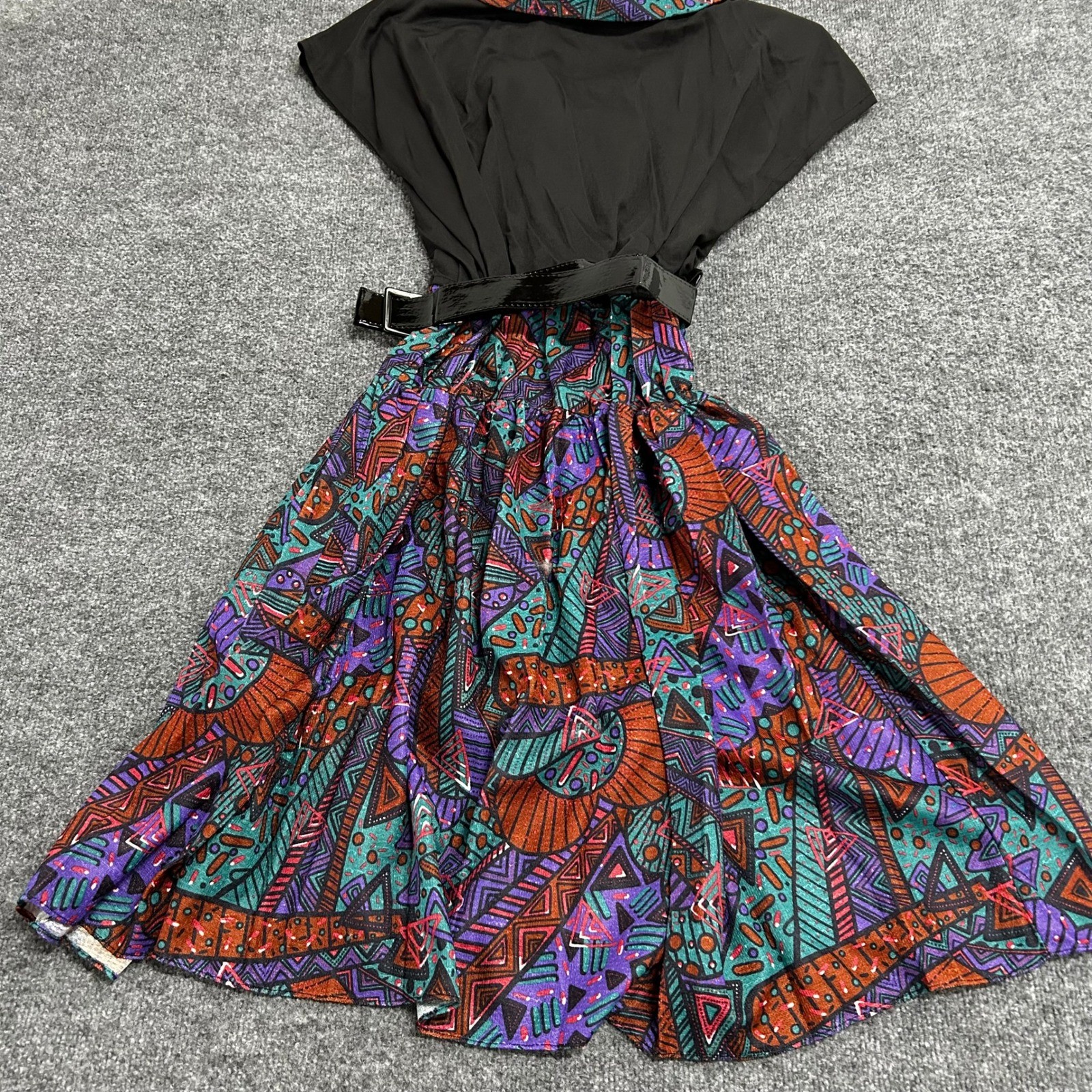 Lucky Barbara Dress Womens 24.5 Black Geometric Print Vintage 80s Belted USA