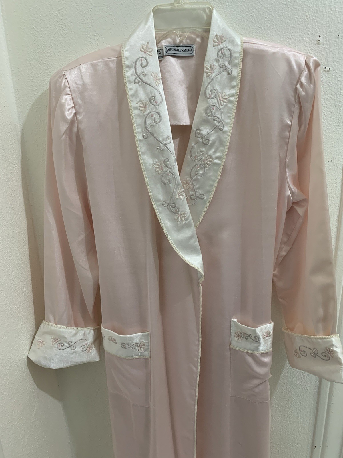 80s Vintage Lauren Alexandra Pink Satan Robe With faux Pearl accents