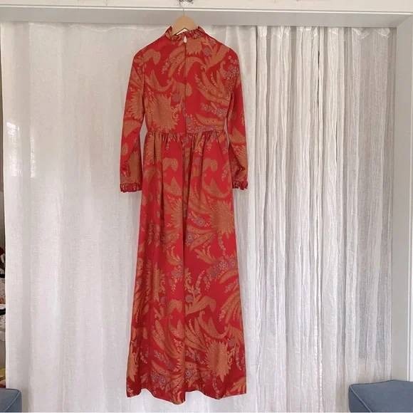 Mollie Parnis Vintage 60s Gown Red Gold Brocade Maxi Dress Small Ruffle Neck