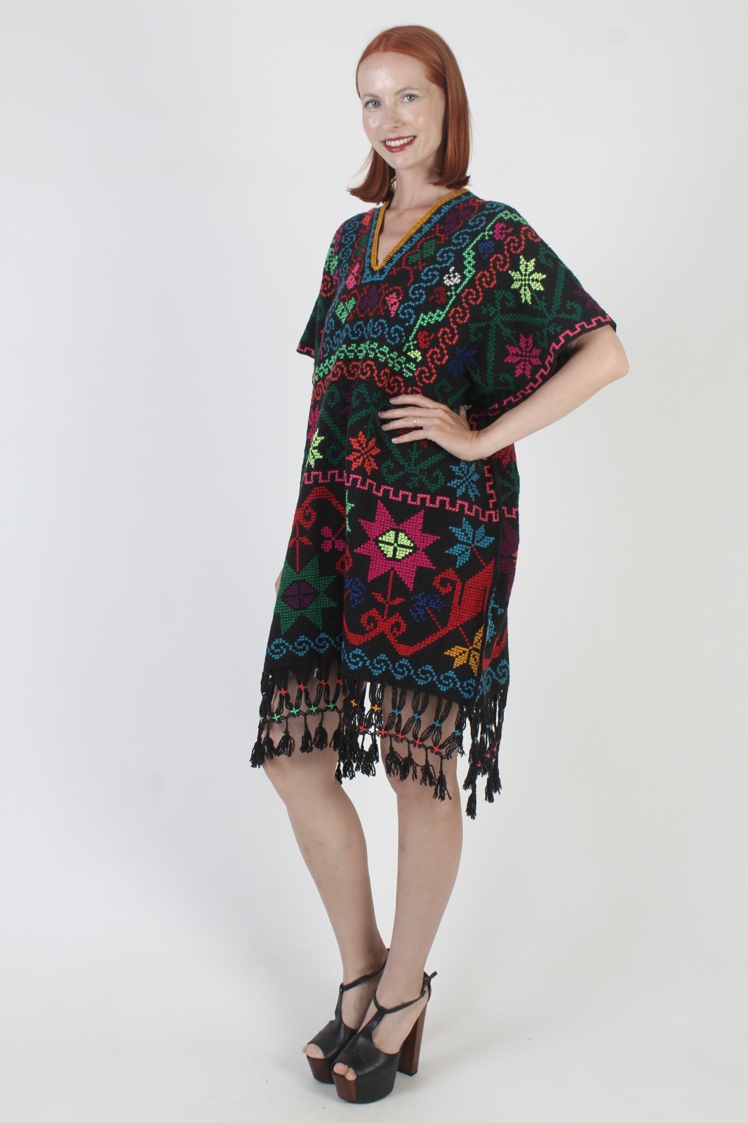 Vintage Black Mexican Kaftan Embroidered Fringe Oaxacan Sundress Woven Caftan