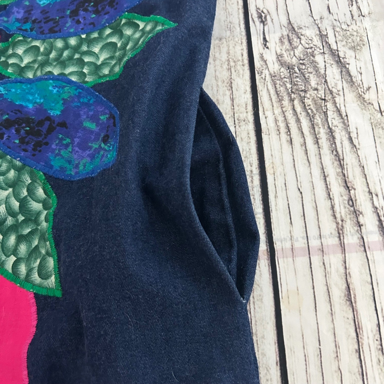 VTG Alfredo’s Wife Indigo Denim Applique Sun Deity Kachina Dress Pockets Blue