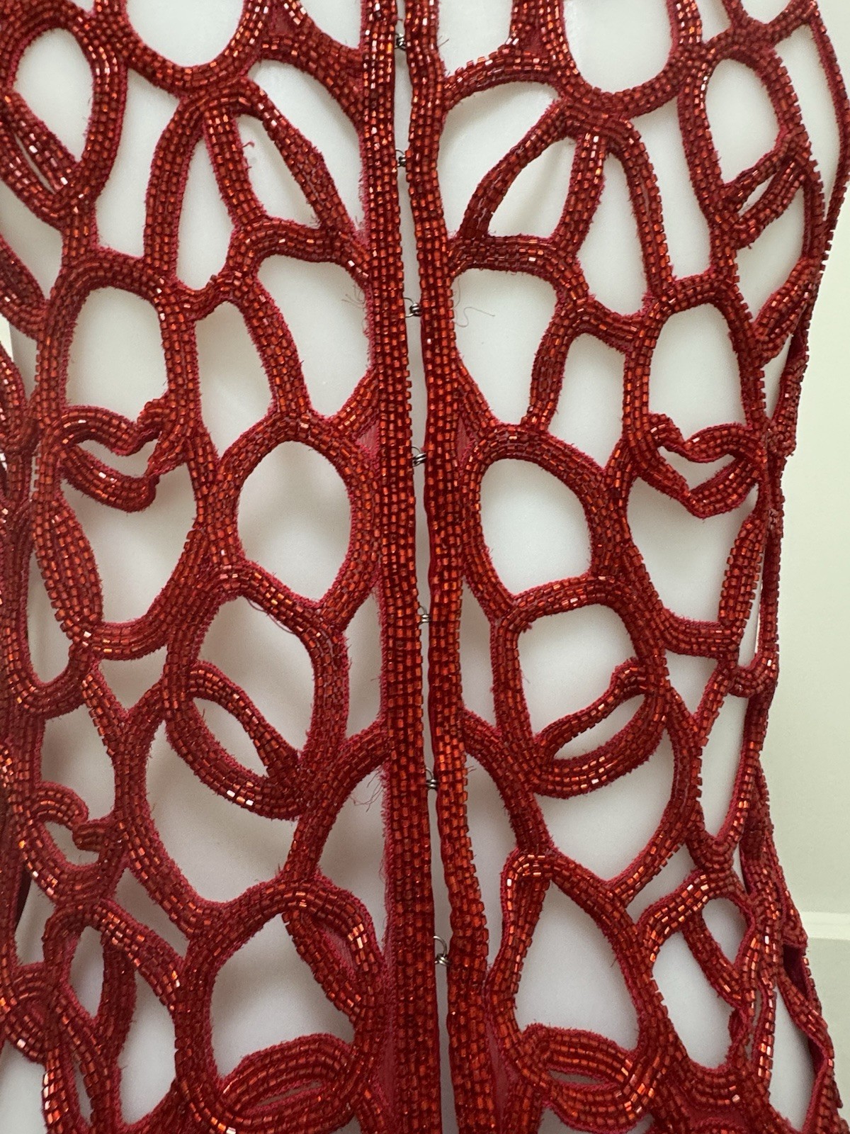 Sean Collection Vintage 90s Red Sequin Silk Gown Beaded Cage Back Formal L