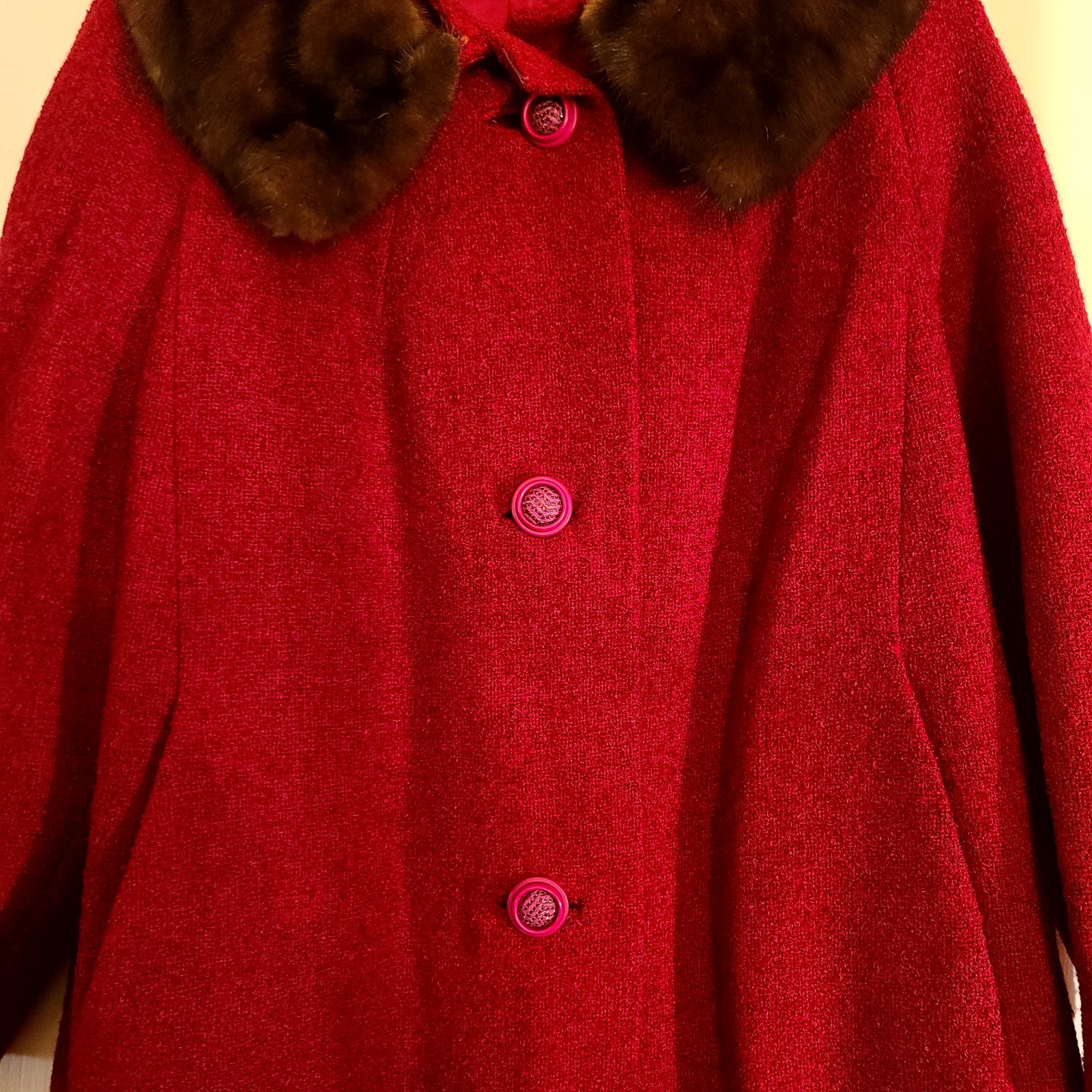 Vintage 50s Shagmoor Red/Burgundy Long Mink Fur Collar Coat Dress Jacket Women