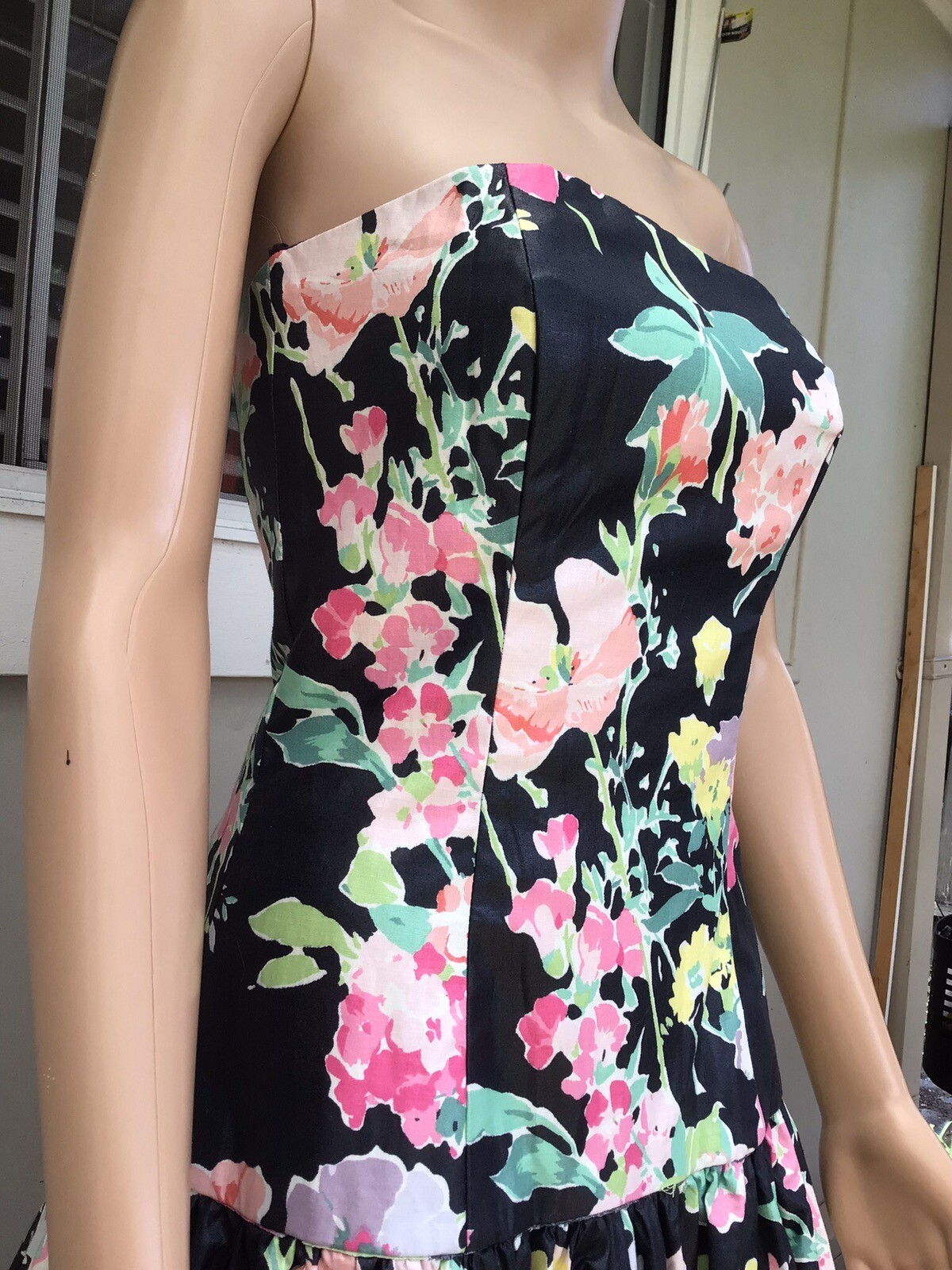 Vtg 80s S G Gilbert Black Floral Chintz Drop Waist Sleeveless Party Dress 8