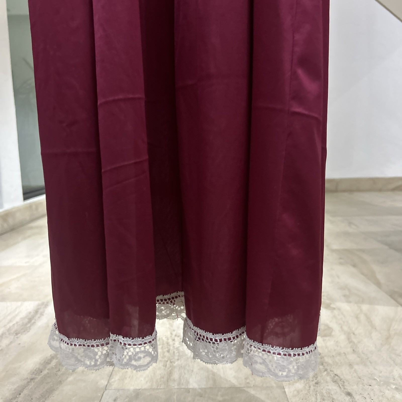 VINTAGE Vasarette Red Satin Long Nightgown Dress Lace Rossette Nightie Lingerie