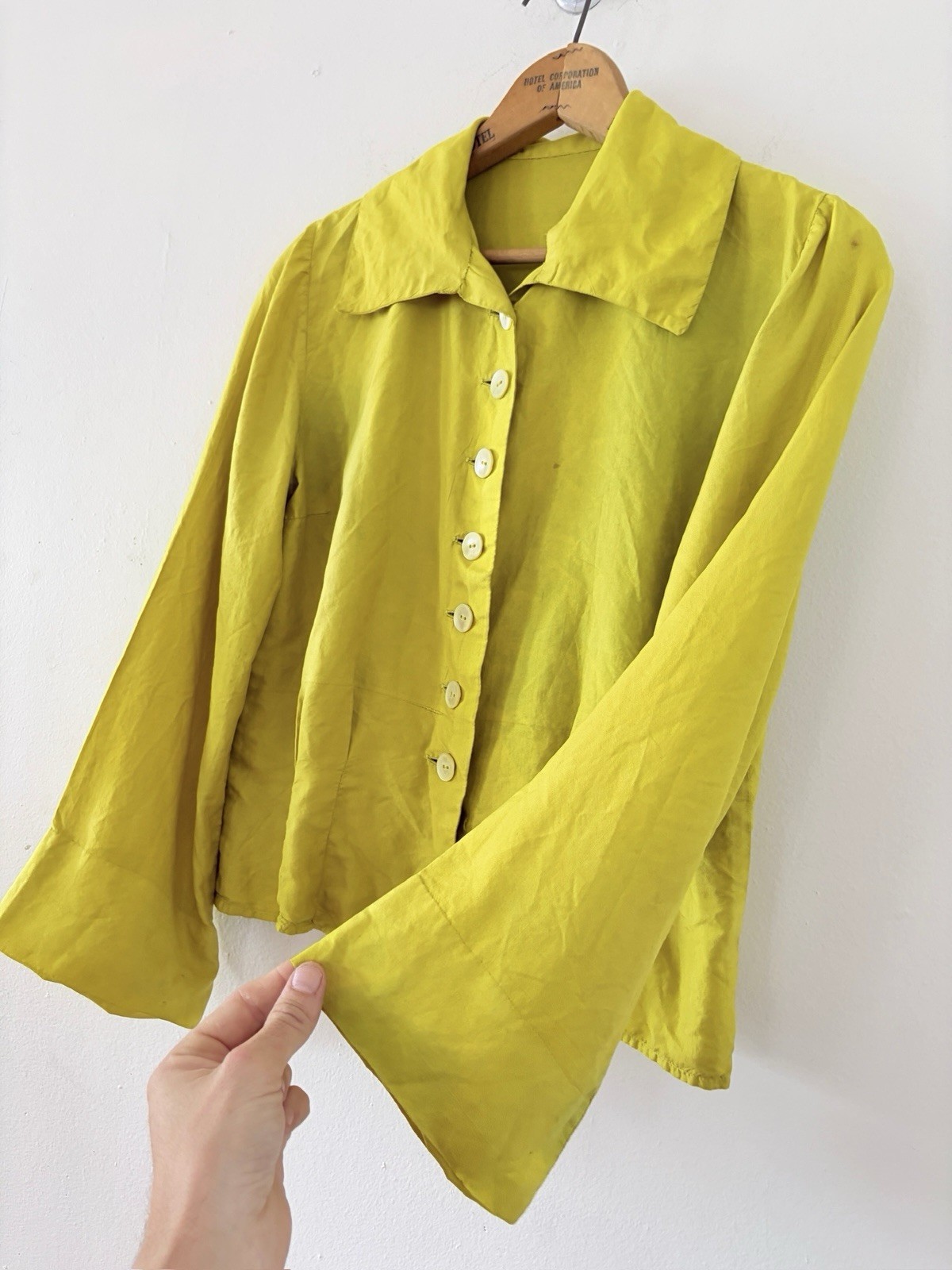 Vintage Antique 1920s 1930s Chartreuse Silk Trumpet Sleeve Blouse Shell Button S