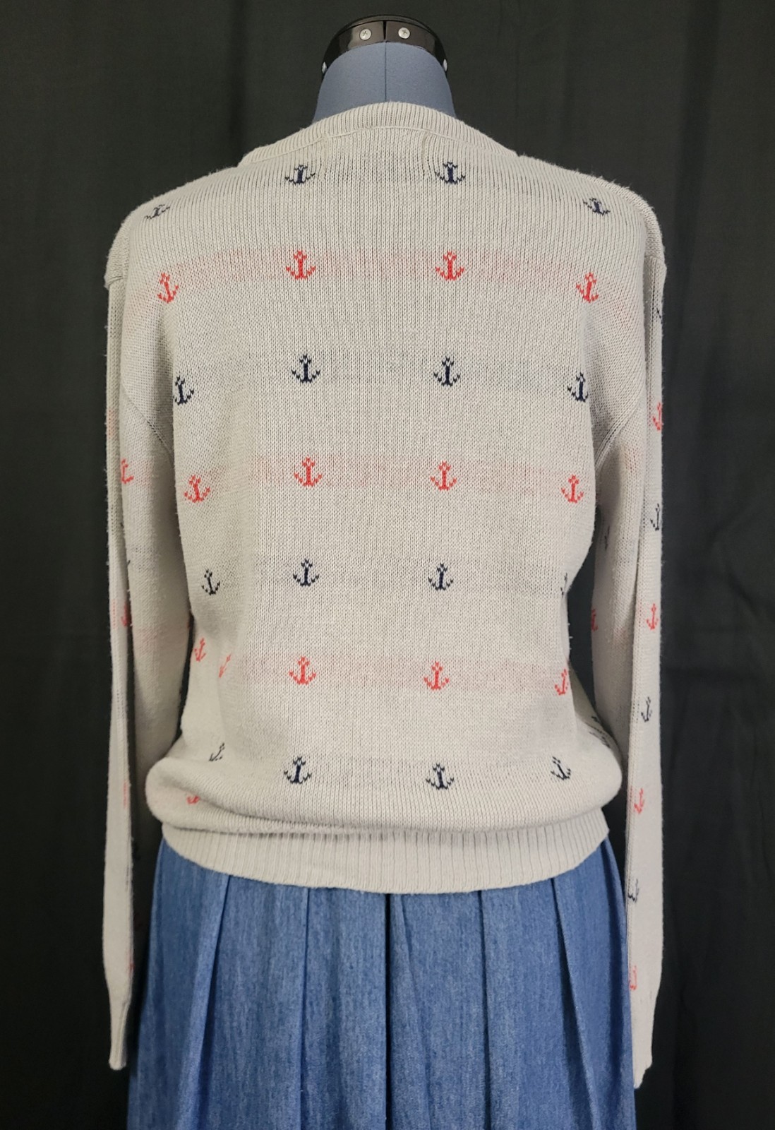 Vtg Jersild Grey Crew Neck Sweater w Blue & Red Boat Anchors Nautical Size Med