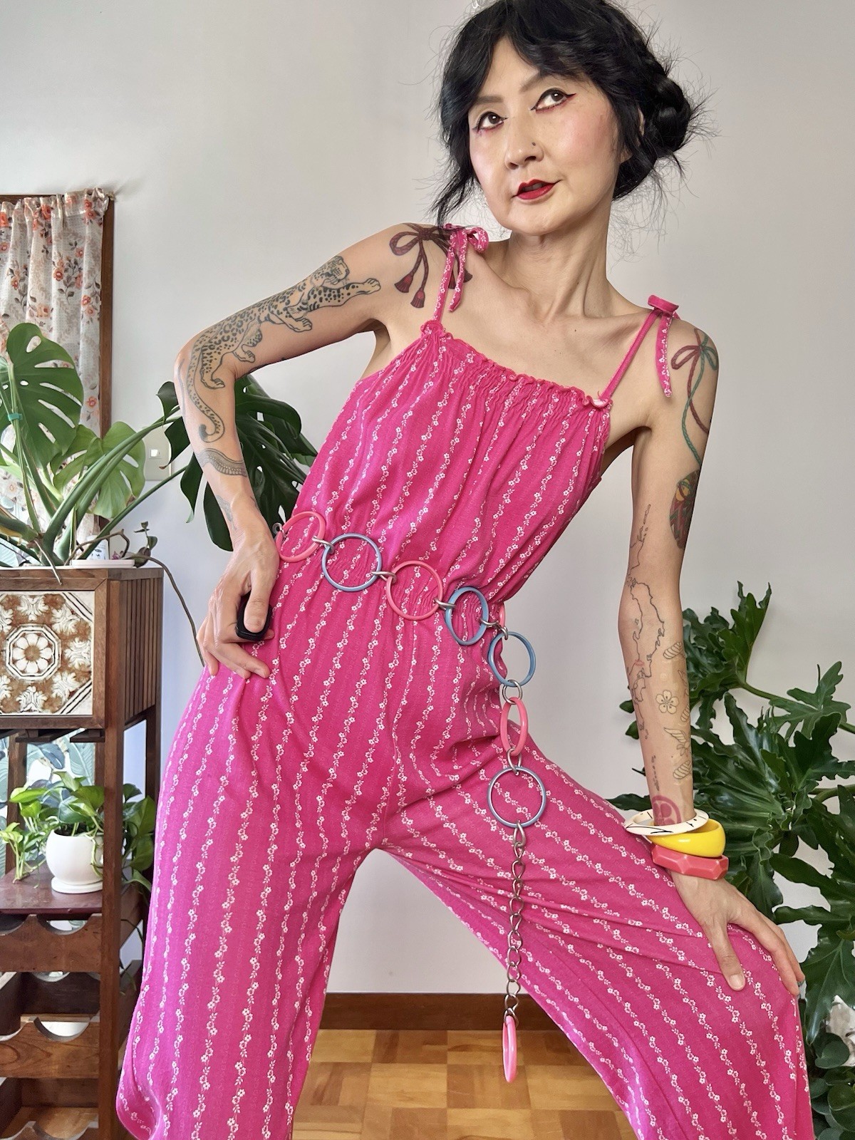 vintage 70s Hot Pink Disco Jumpsuit Floral Stripe Tie Strap Boho Stretch XS S M