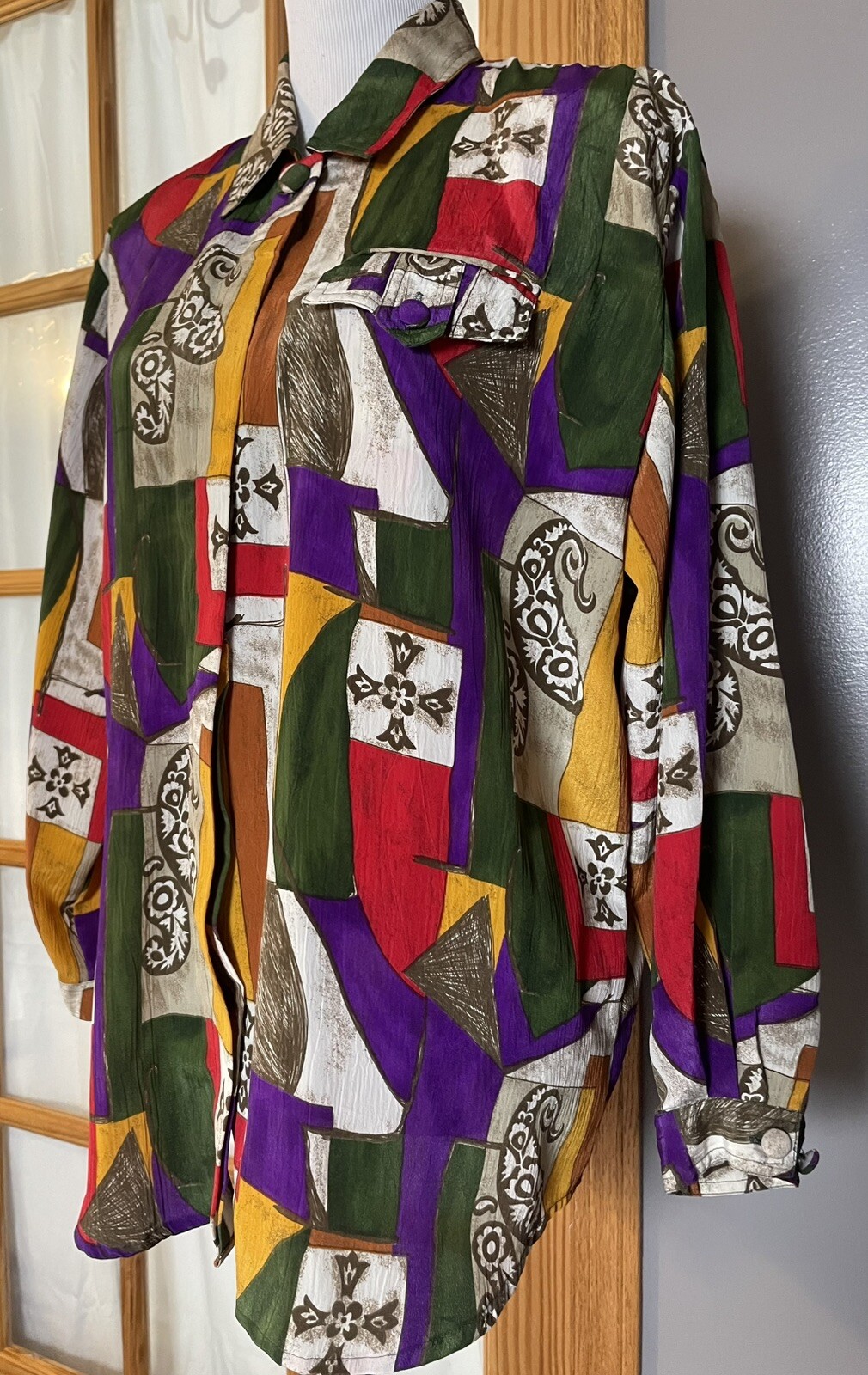 80s Christie & Jill Button Up Blouse L Red Purple Abstract Paisley City Festive