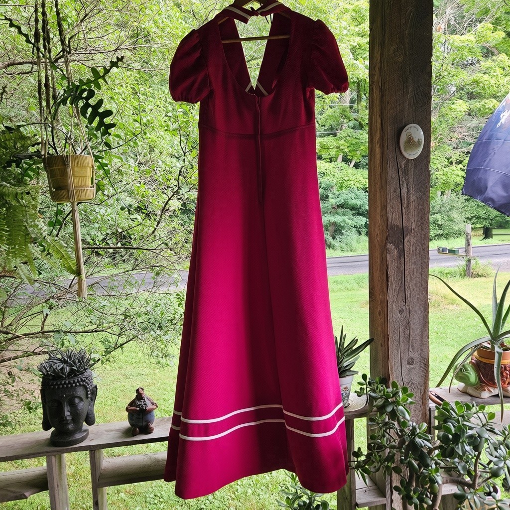 VTG Handmade Fuchsia Maxi Dress Rhinestone Heart Brooch Puff Sleeve OOAK