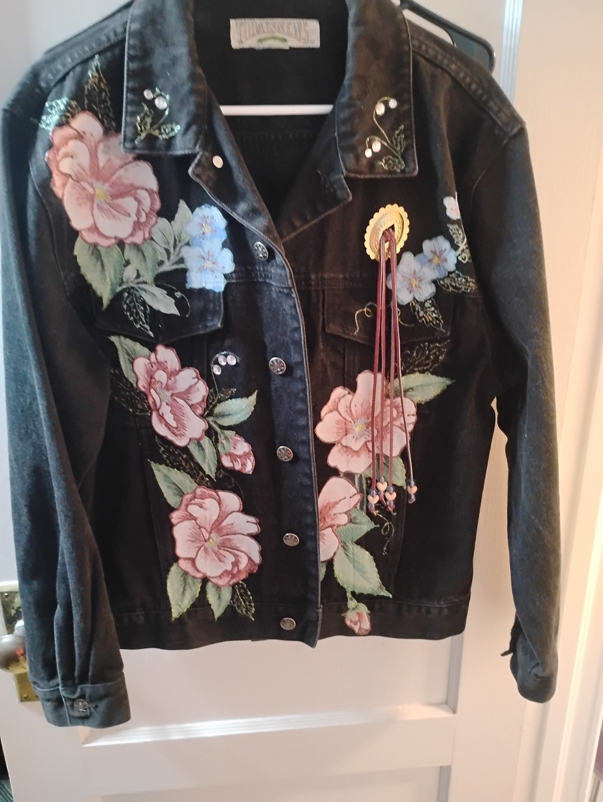 Vintage 80s Todays News Black Denim Jacket Embroidered Floral Rhinestone Concho