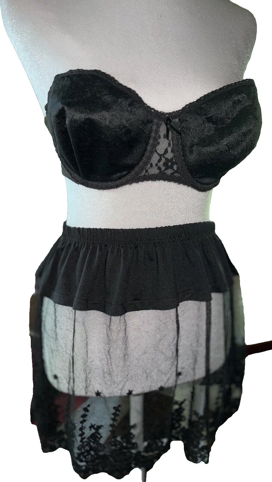 NOS Vtg Bra Pretty Shapely Maidenform 4155 Lace + Mesh Slip Skirt Black 36C M
