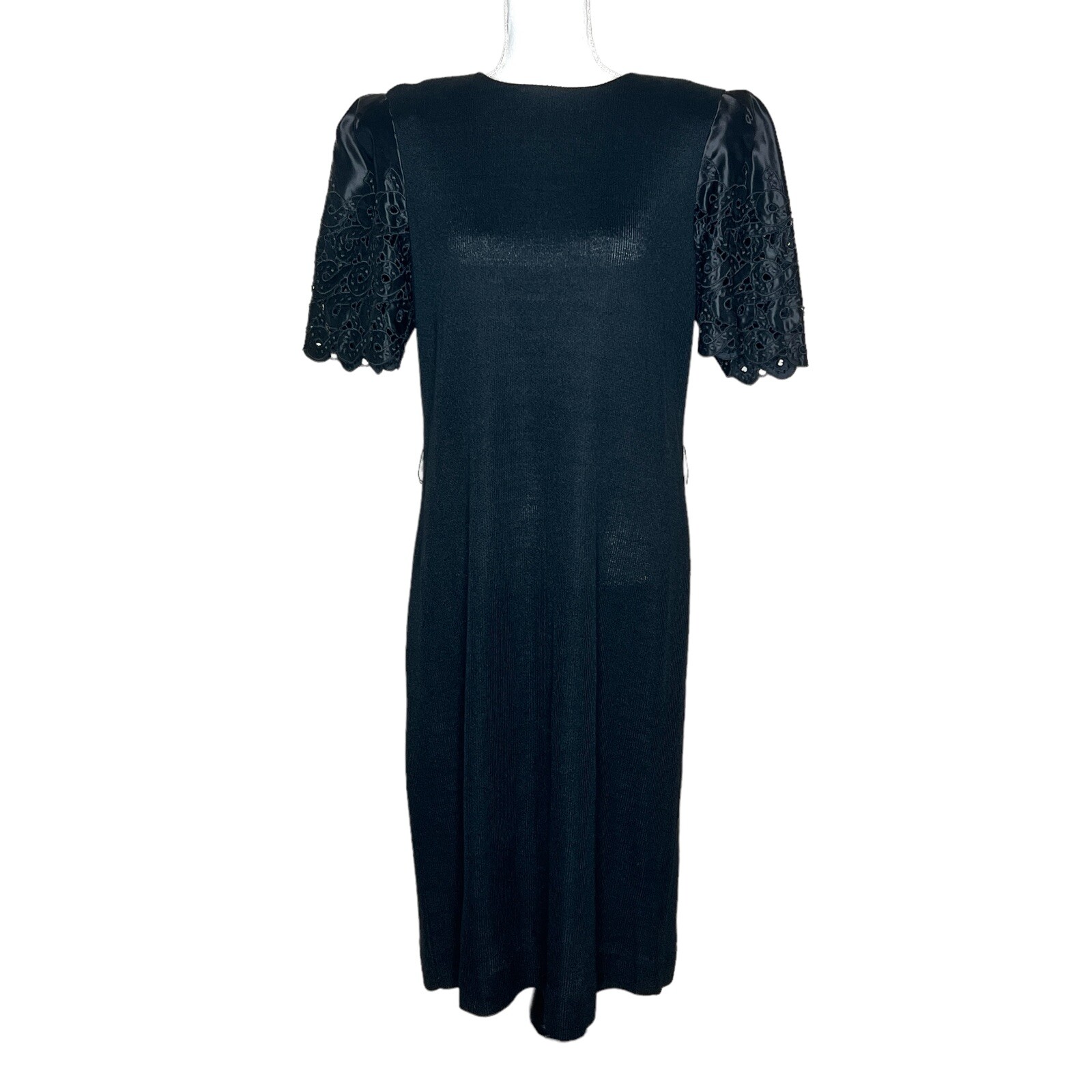 Vintage Leslie Fay Black Knit Sheath Dress Puff Sleeves Union Made Size 12/14?