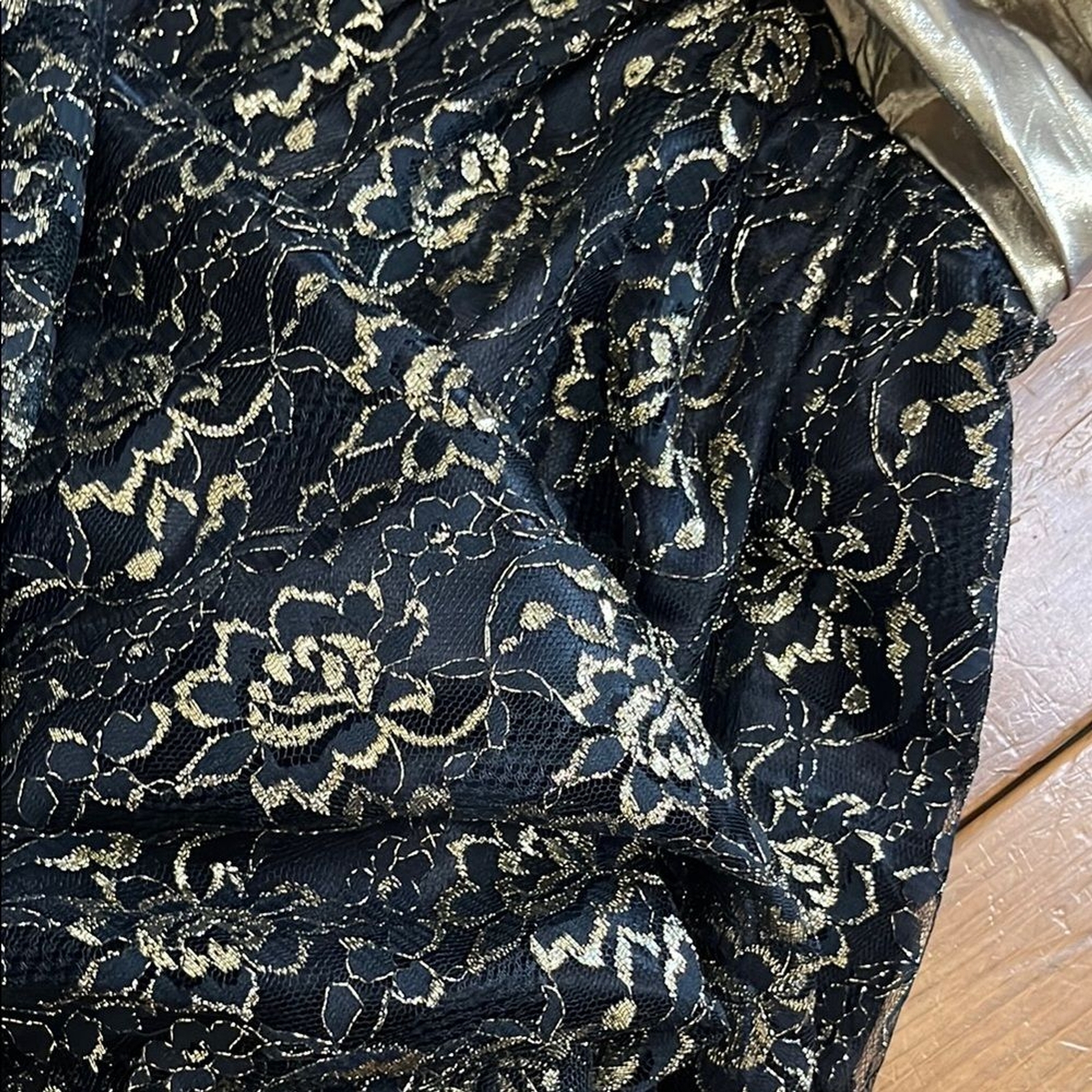 VTG 80s Black and Gold Lace Spaghetti Strap Cocktail Prom Dress with Tulle