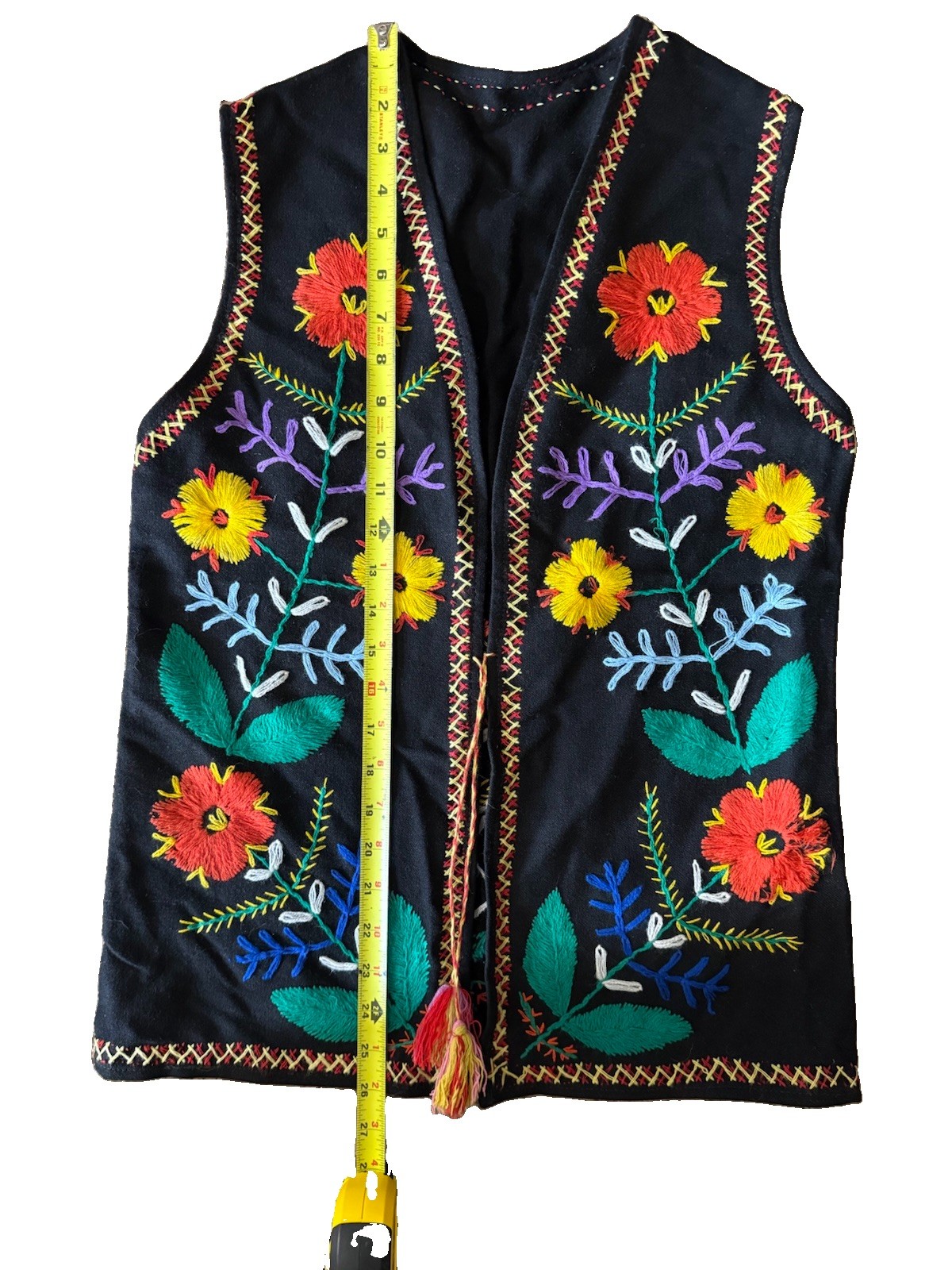 Vtg Embroidered Black Wool Folk Art Vest Boho Floral Traditional Hungarian Style