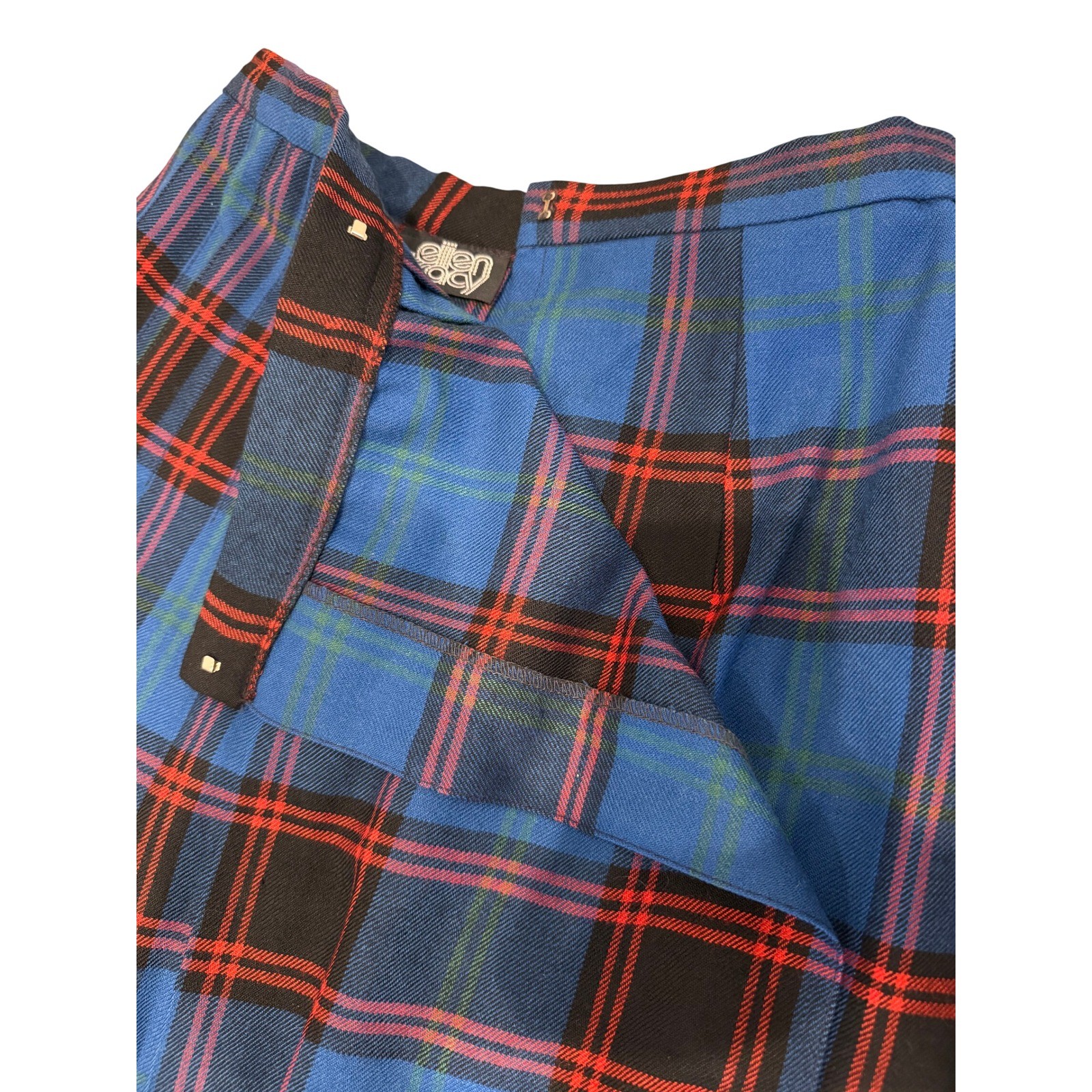 Vintage Ellen Tracy 100% Pure Wool Plaid Pleated Midi Skirt Blue Red Size 7/8