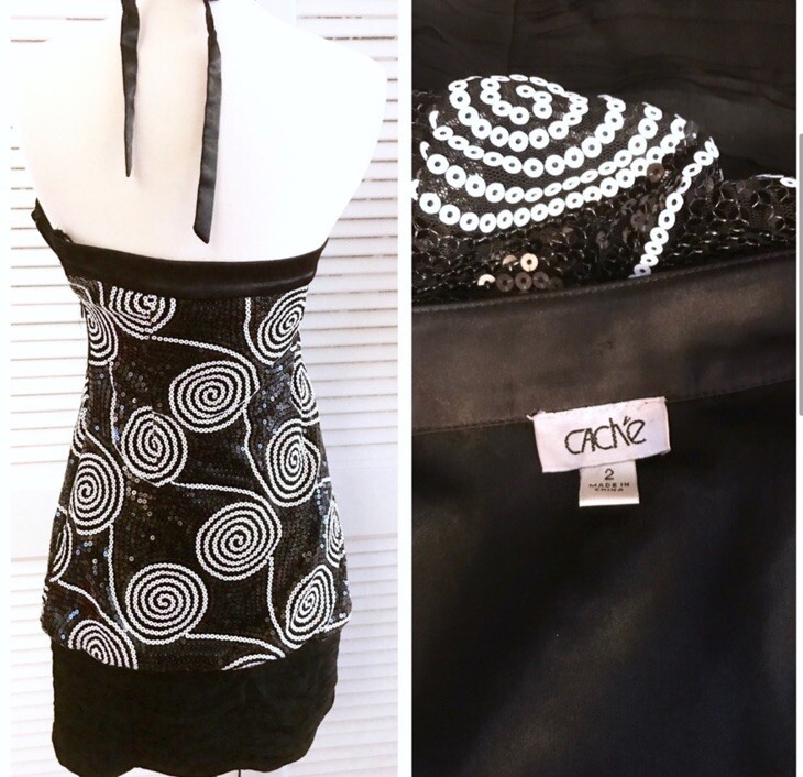 Vintage Late 1990’s Black & White Sequin Halter Dress by Cache, Prom Dress, 2