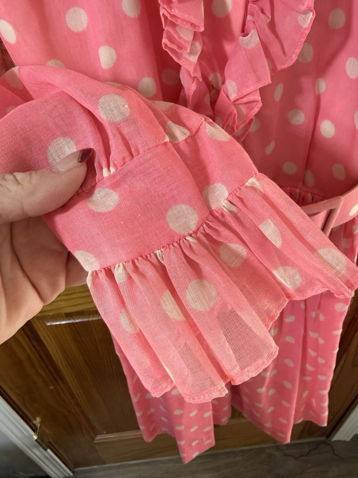 Vtg Secretary Ruffle Dress Gallant of California Pink Polka Dot Belted NWT Sz 16