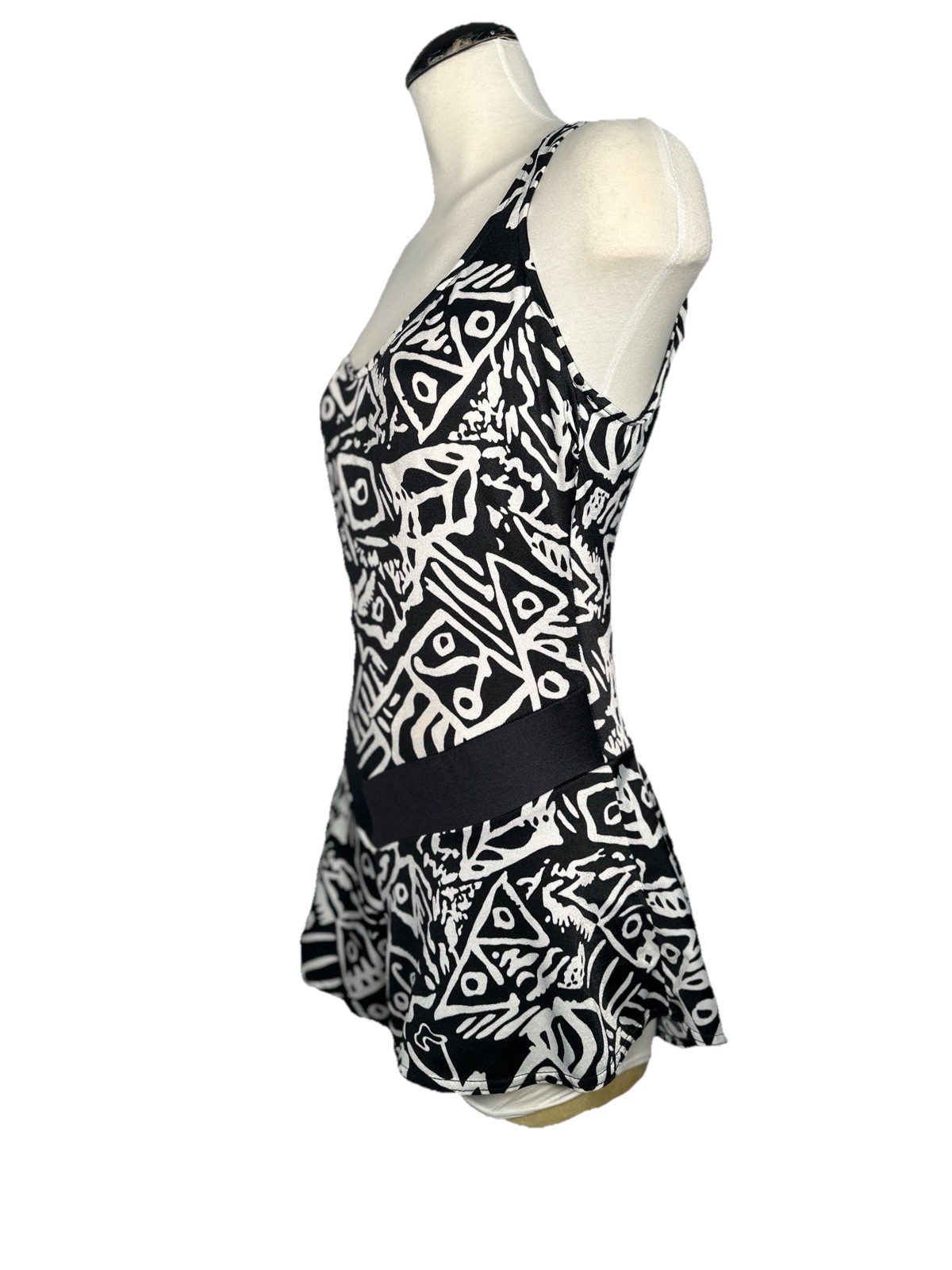 VTG 80s Black White Graphic Swimsuit Boyleg Playsuit Pacific Beach Club 14/M