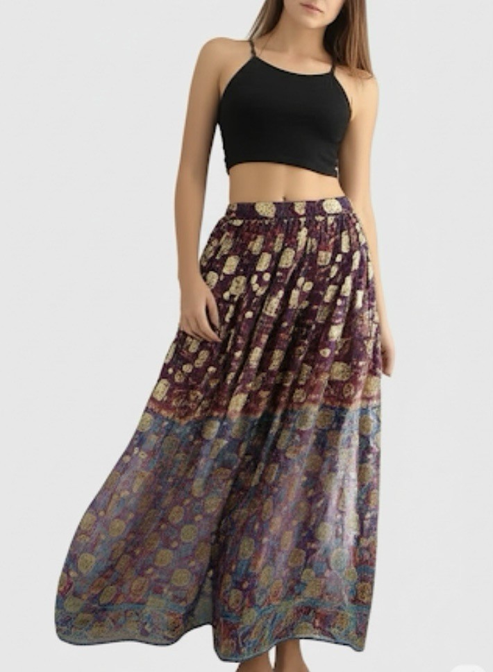 Vintage Eddy George California Maxi Skirt Purple Gold Metallic S