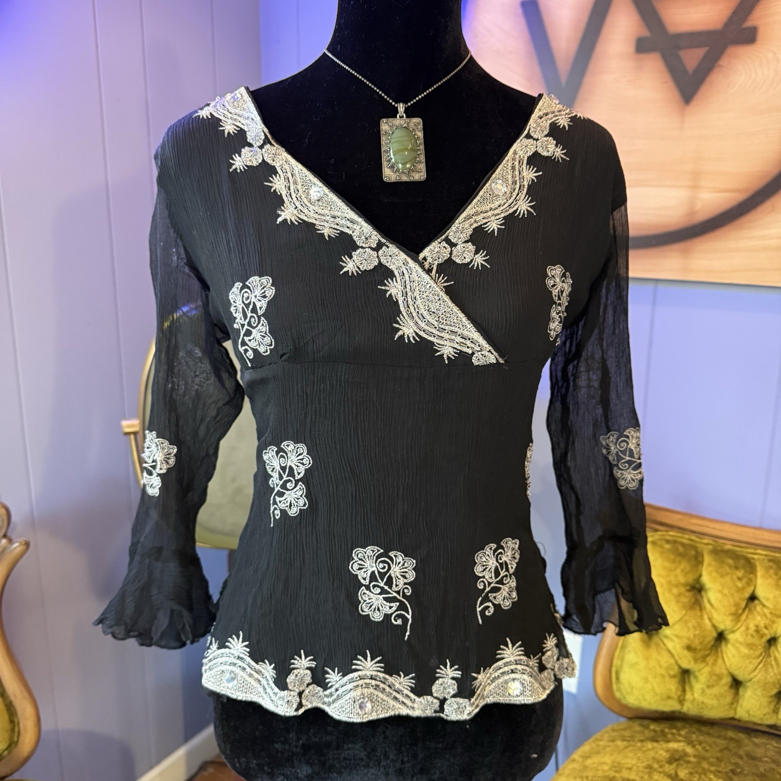 Vintage Y2K Silkland Flutter Sleeve Beaded Embroidered 100% Silk Top Size M