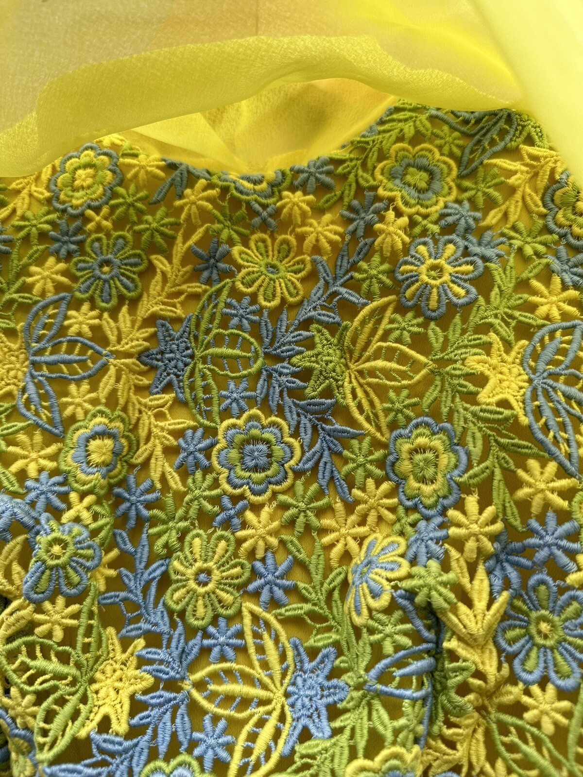 Gunne Sax Vintage Sheer Crochet Dress Yellow Multi Color Long Sleeves X/Small