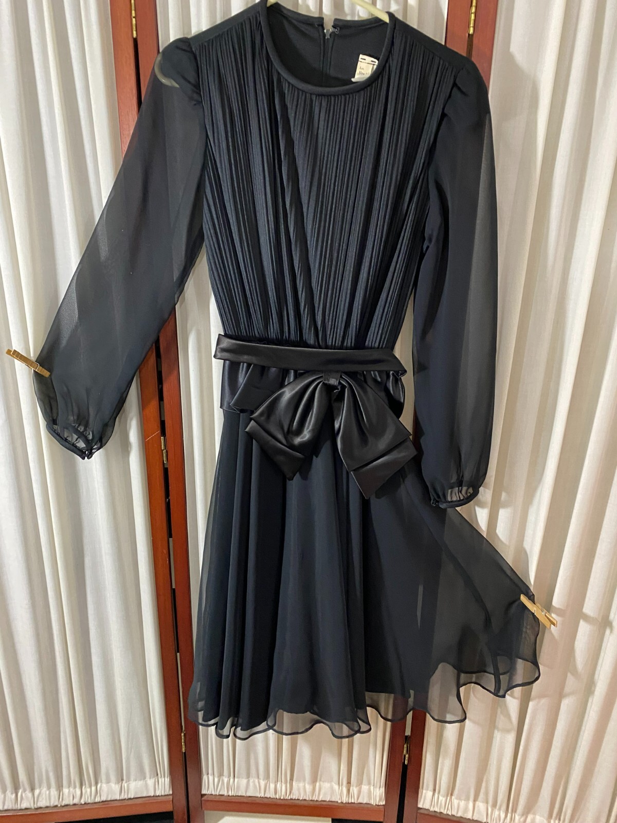 1980s Party Dress w/Peplum-S-Black Voile-Swirly Skirt-NEW WAVE GLAM – SALE