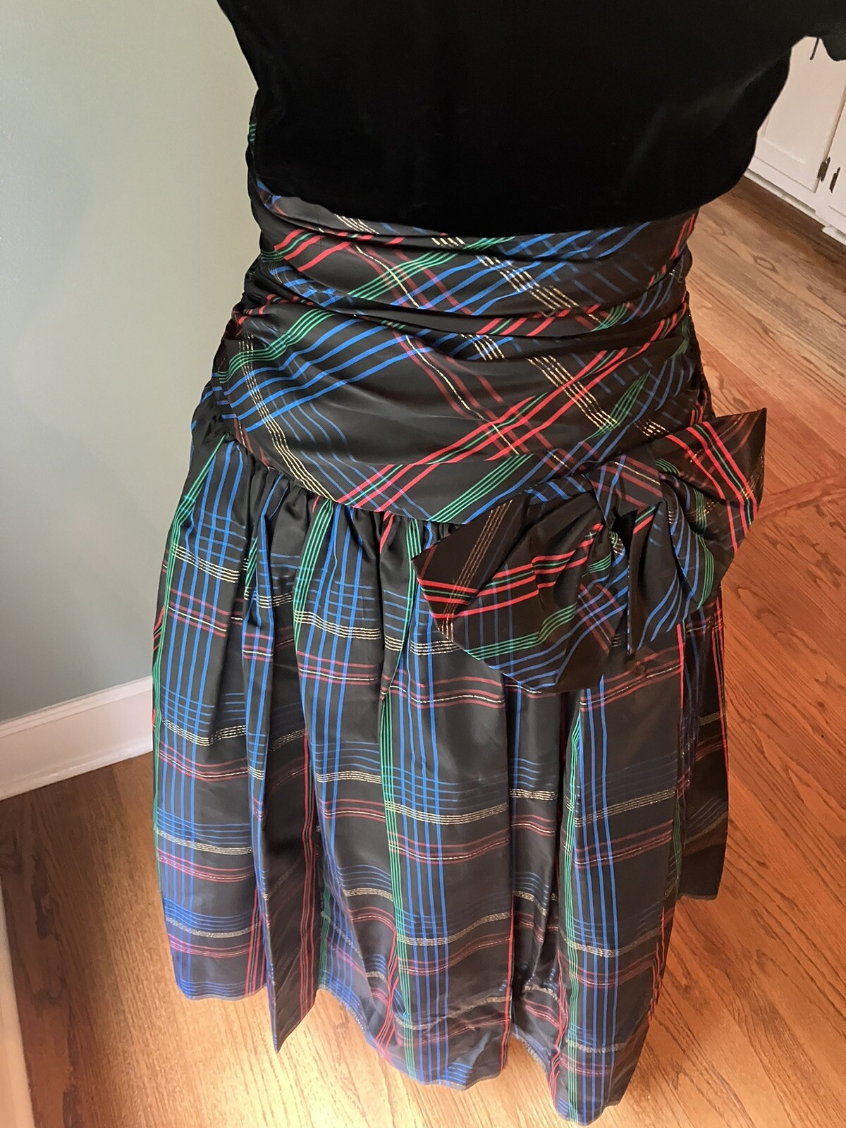 1980s Patty O`Neil Velvet & Plaid Taffeta Evening Dress, Ruching & Bow Size XS-S