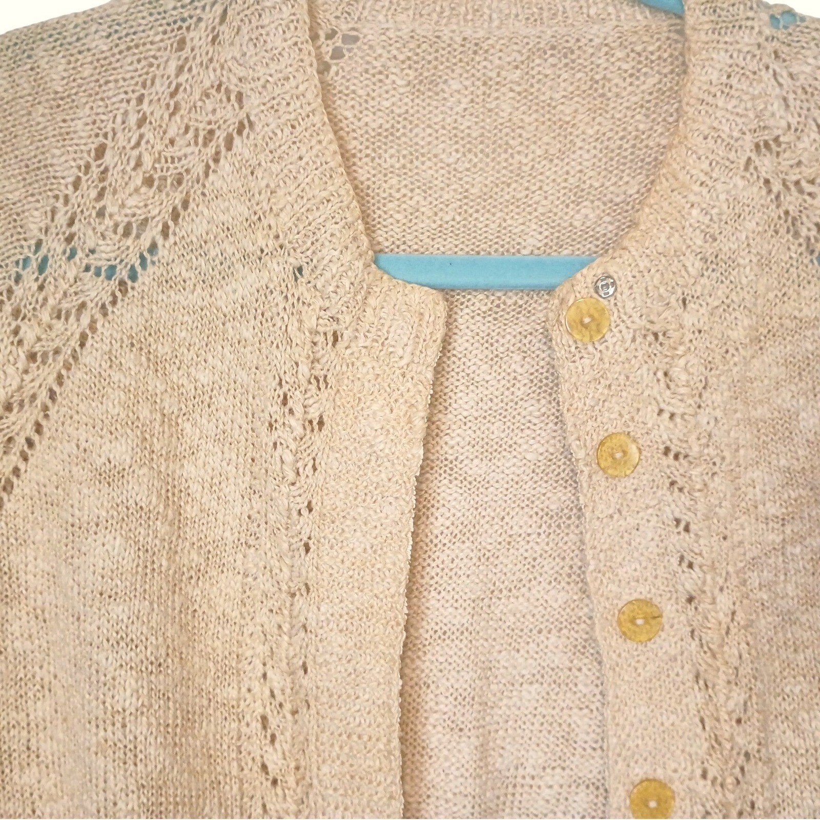 Vintage Handmade Pointelle Knit Cardigan Dress Oatmeal Beige Longline Midi XL