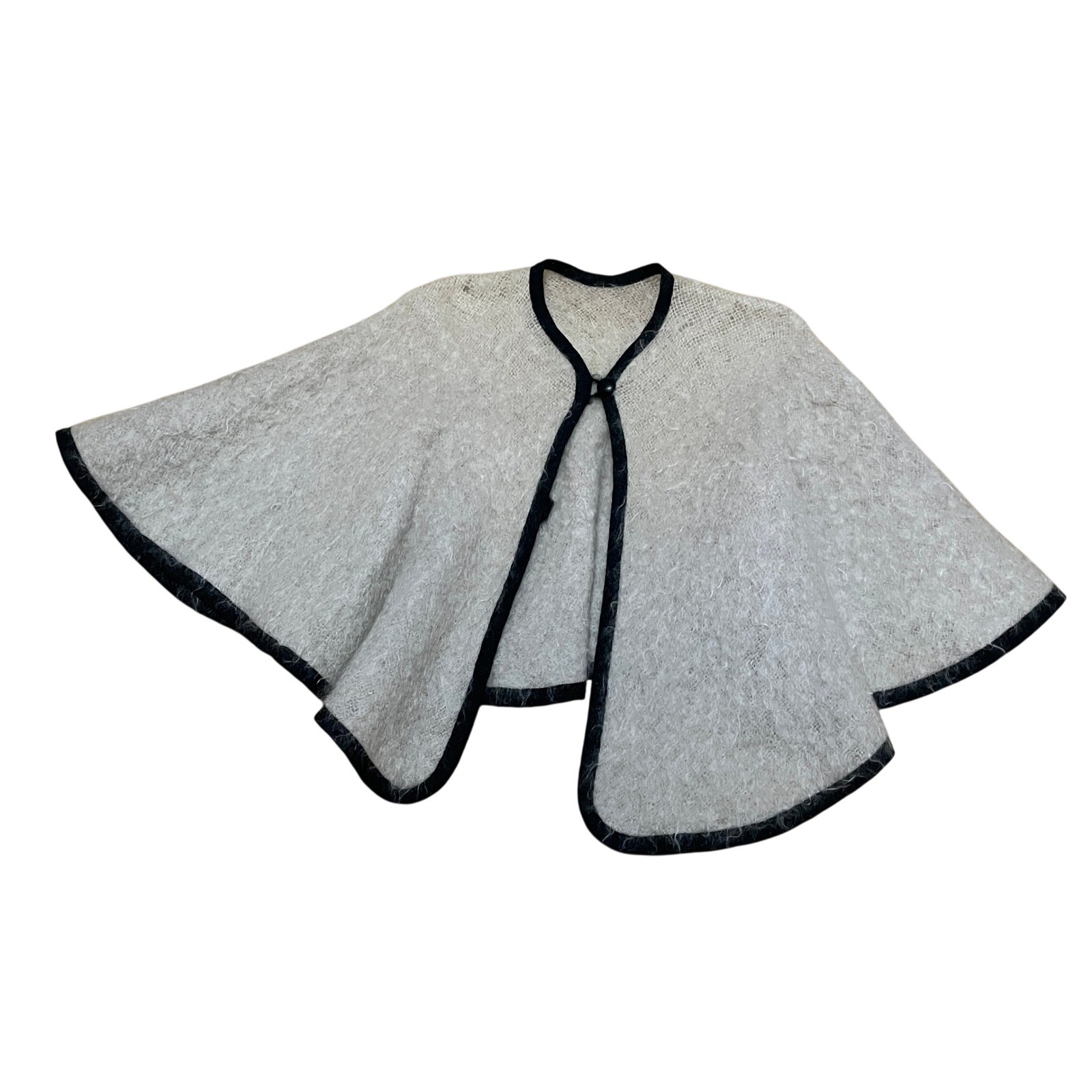 Vintage 60s 100% Mohair Knit Capelet Cream Black Trim Fuzzy Shrug Wrap One Size