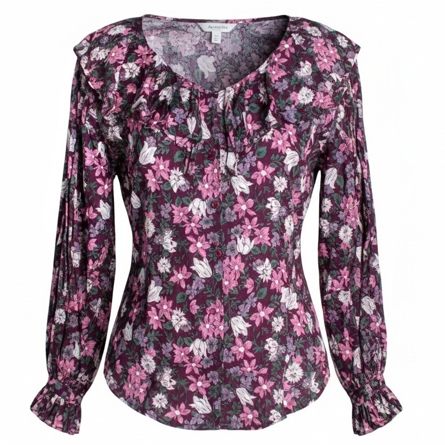 1990s Vintage Poet Ruffle Blouse Top Shirt Pink Floral Cottagecore Romantic L