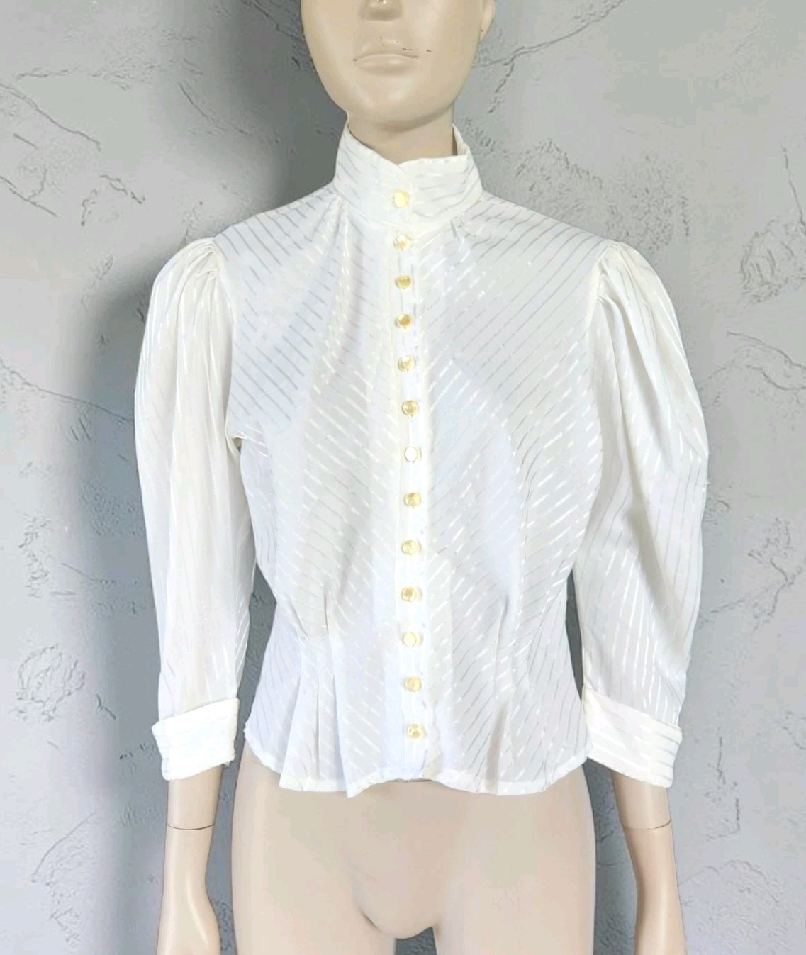 Vintage 80s Ardmore Ivory Shadow Srtipe High Neck Blouse S Victorian Prairie Top