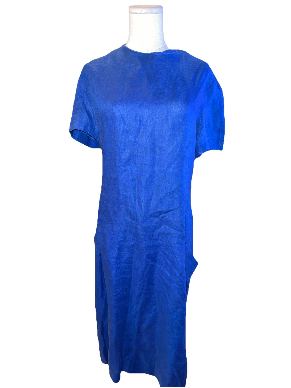 Vintage Albert Nipon Blue Linen Executive Dress 80s 90s Designer Shift Dress Sz8