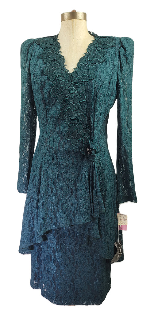 NWT Vintage Cachet by Bari Protas Green lace women’s Skirt Top Jacket Set 11/12