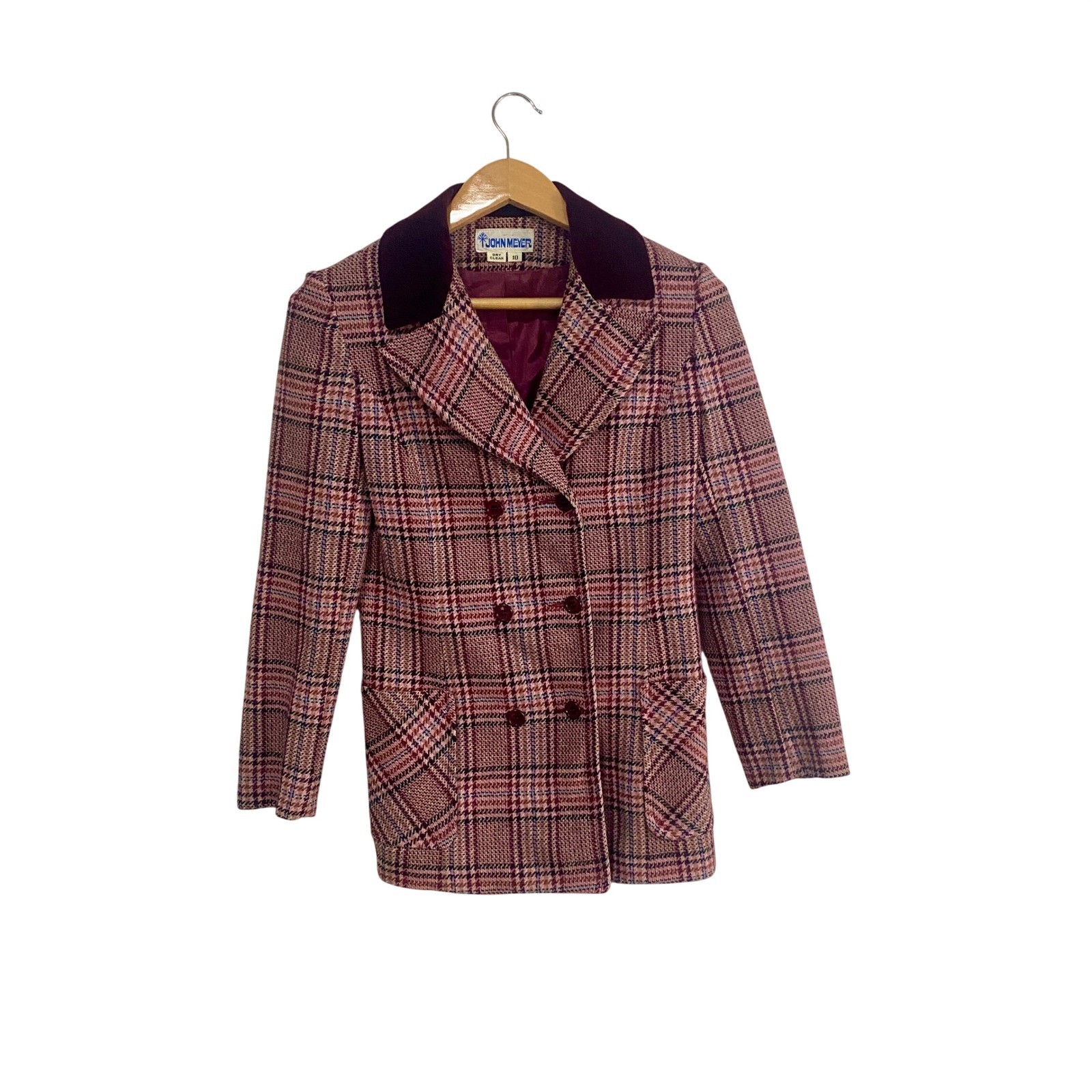 Vintage John Meyer 70s Plaid Wool Blazer Velvet Collar Double Breasted Pink 10
