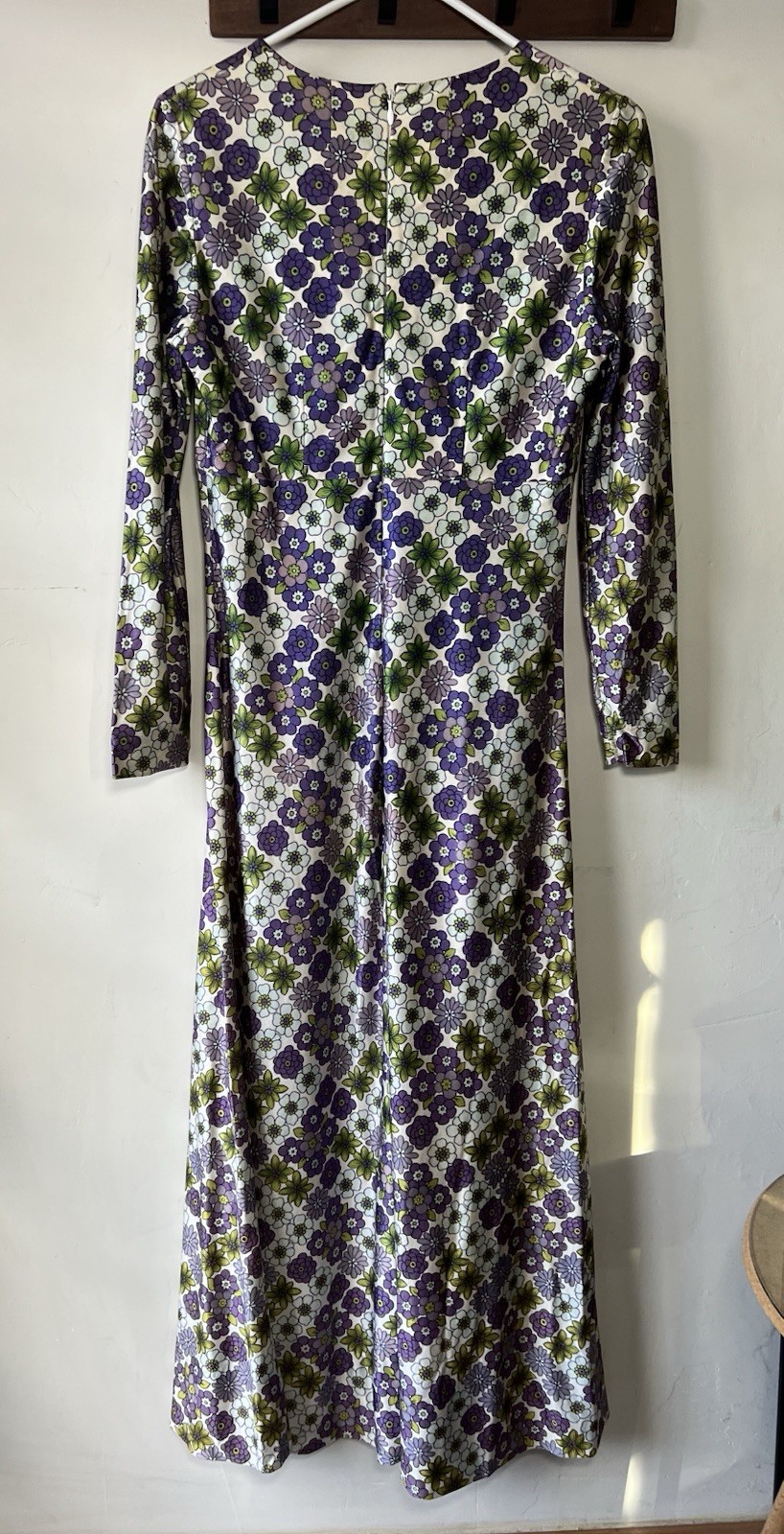 Vintage Empire Waist Maxi Dress Long Sleeve Floral Purple Green White 70s