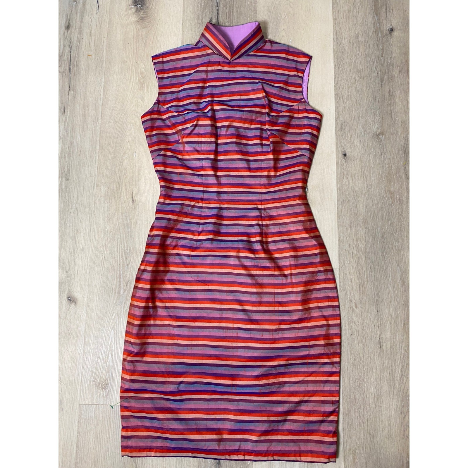 Vintage 1960s Wiggle Dress Silk Striped Mandarin Collar Purple Orange Red 60s