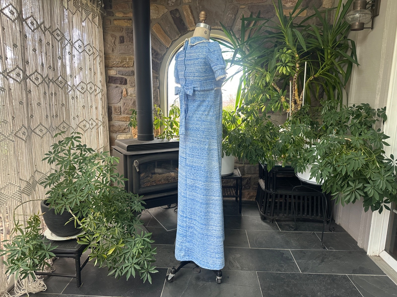 Vintage 1970s Blue and White Variegated Knit and Lace Baby Doll Maxi Dress