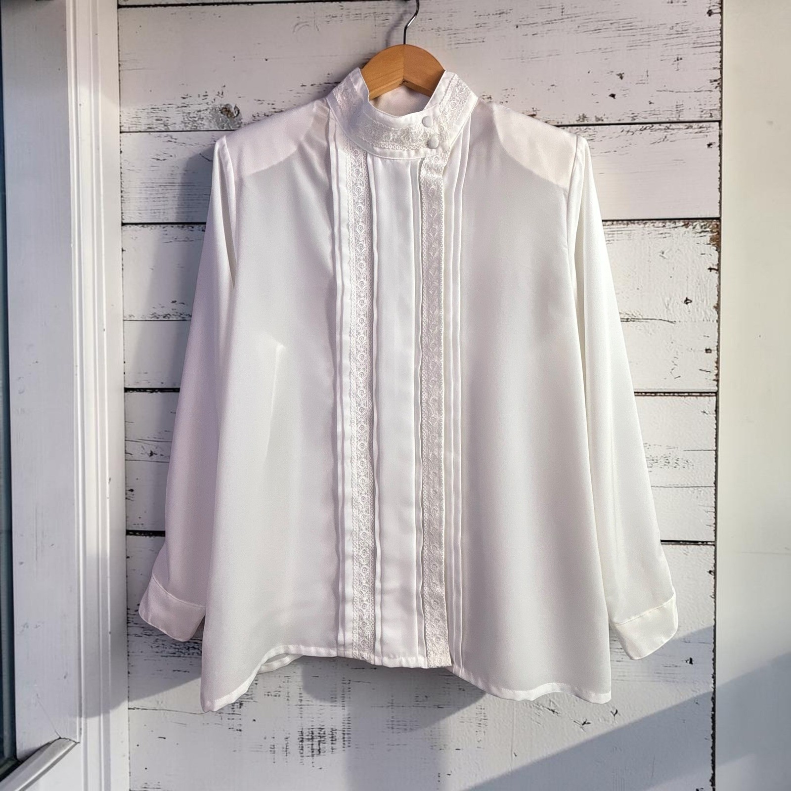Victorian Coquette Vintage Blouse 12 White Silky Lace Mock Neck Dark Academia
