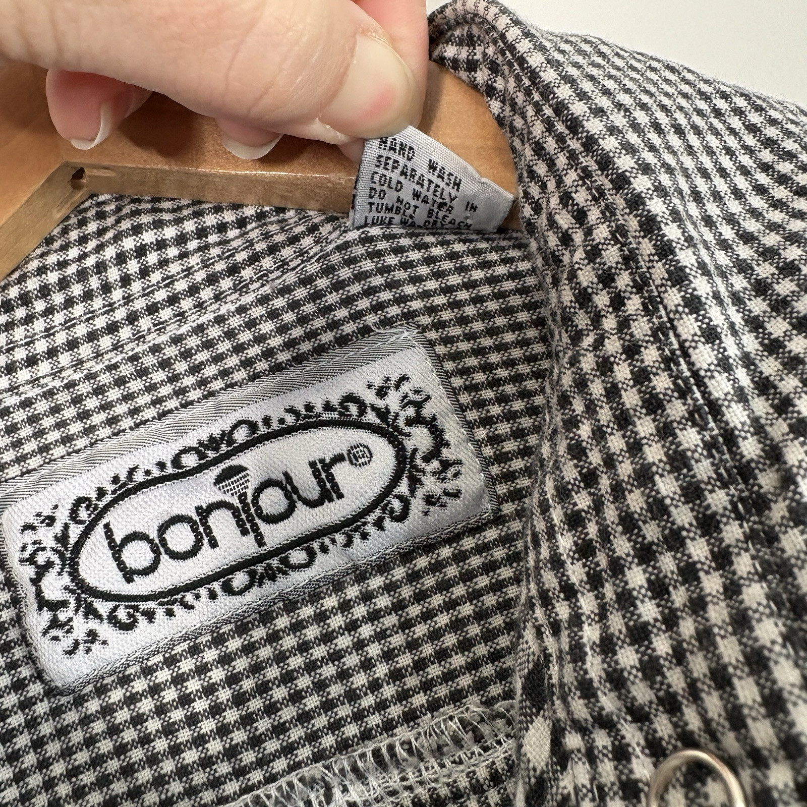 Vintage Bonjour Button Up Gingham Plaid Black White Long Sleeve Womens size M