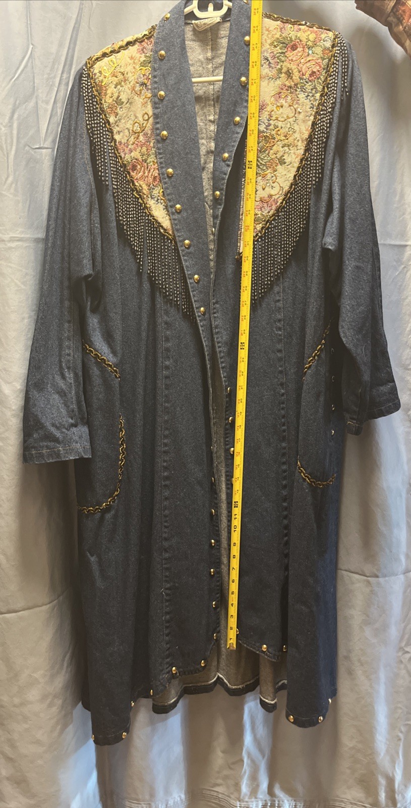 RARE Vintage 80s Charle Casuals Beaded Tapestry Gold Denim DUSTER BOHO See Pix