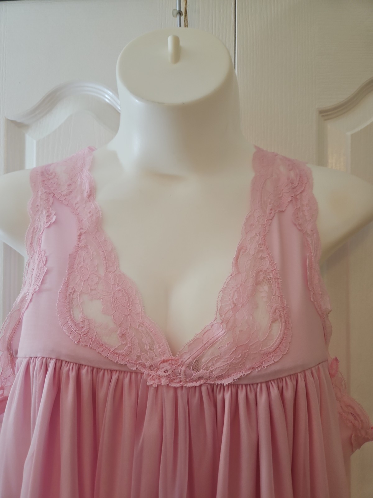 VTG Unbranded Pink BABYDOLL Double Sheer Chiffon Nightie w Lace Trim Size 1X 2X