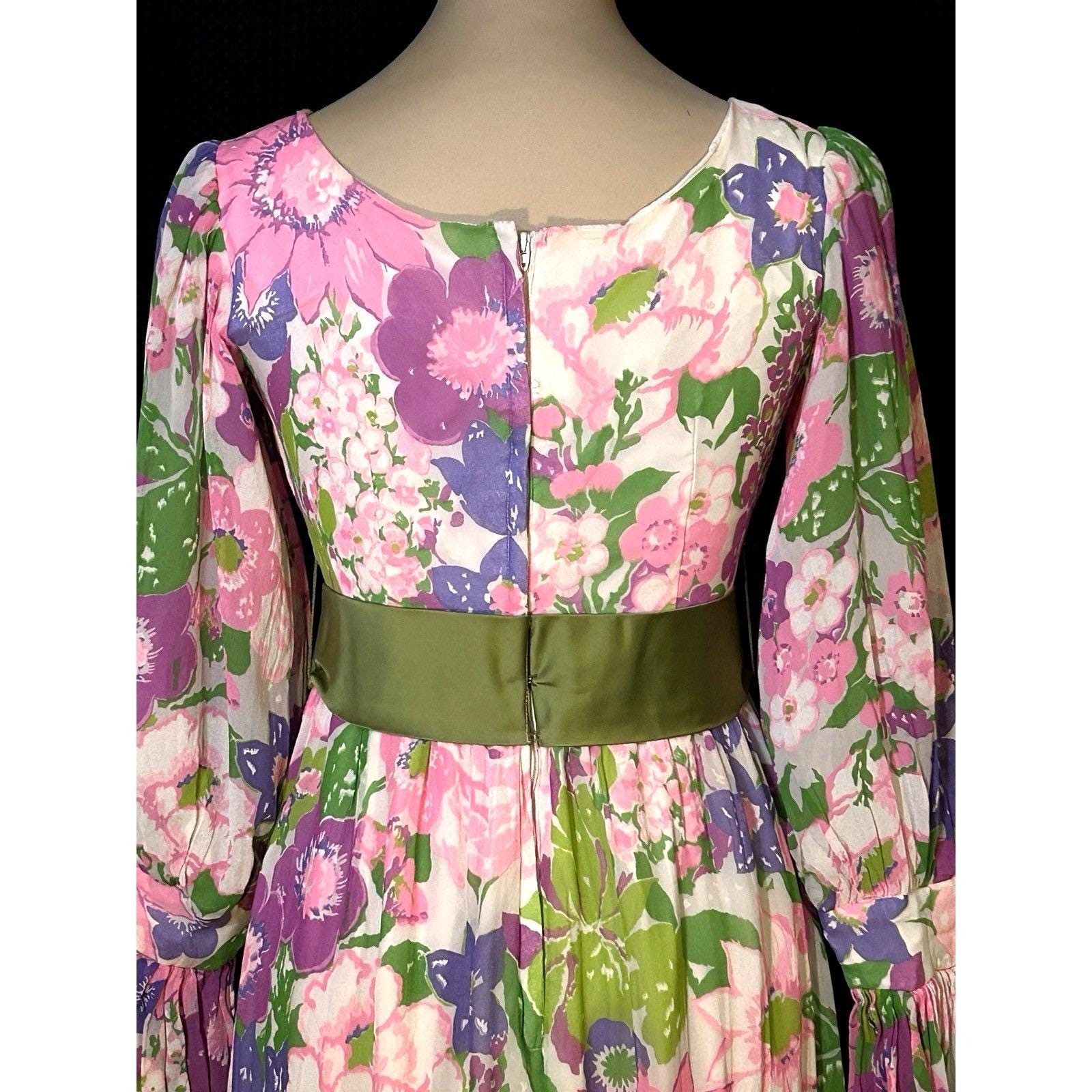 Vintage 70s Fairycore Vibrant Floral Dress Sheer Juliet Sleeves Velvet Sash USA