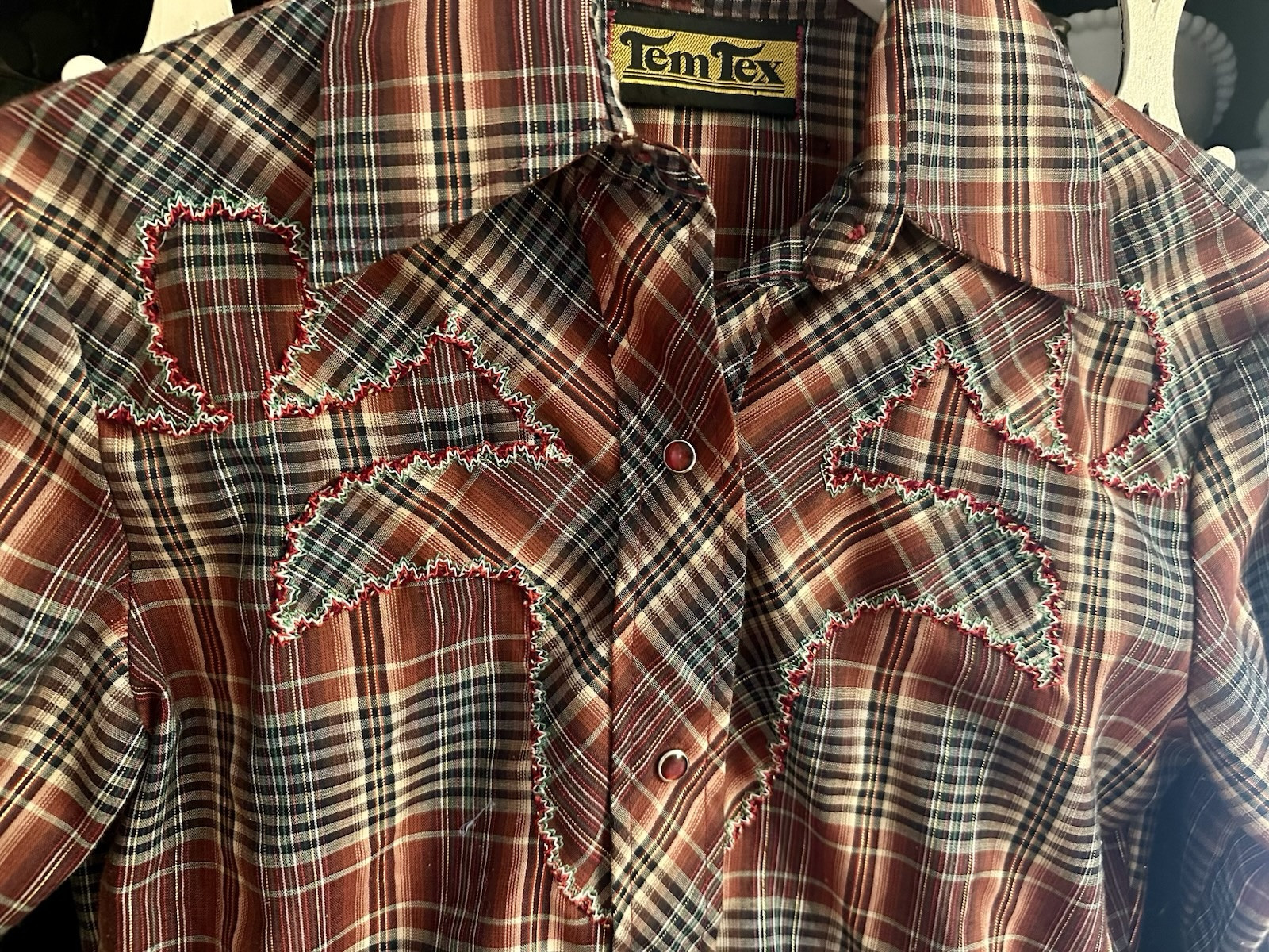 Tem Tex Vintage Western Shirt Embroidered Plaid Button Down Rodeo Cowboy Size 8