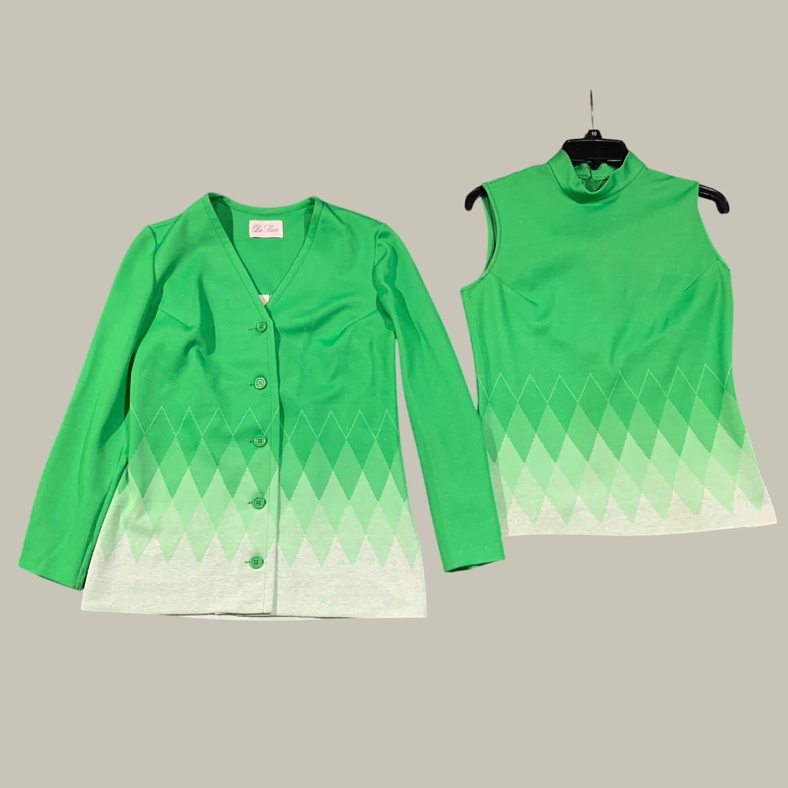 De Saix 3 Piece Pant Suit Women S/M Green Argyle Vintage 70s Mod Disco Knit Set