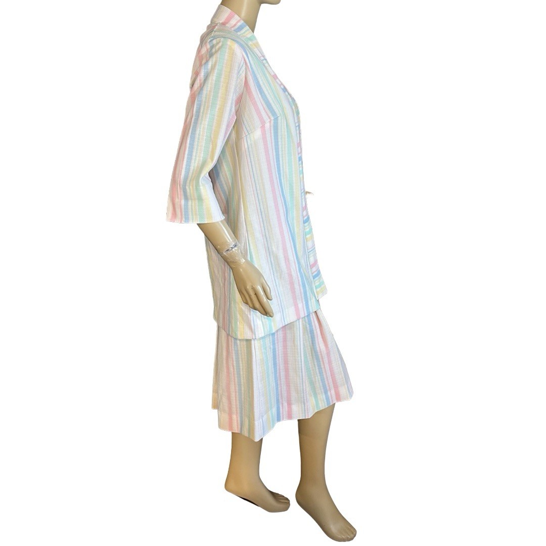 VINTAGE CIRCA 1970’S WHITE W/PASTEL STRIPES DROP WAIST DRESS SET SZ APPX MED