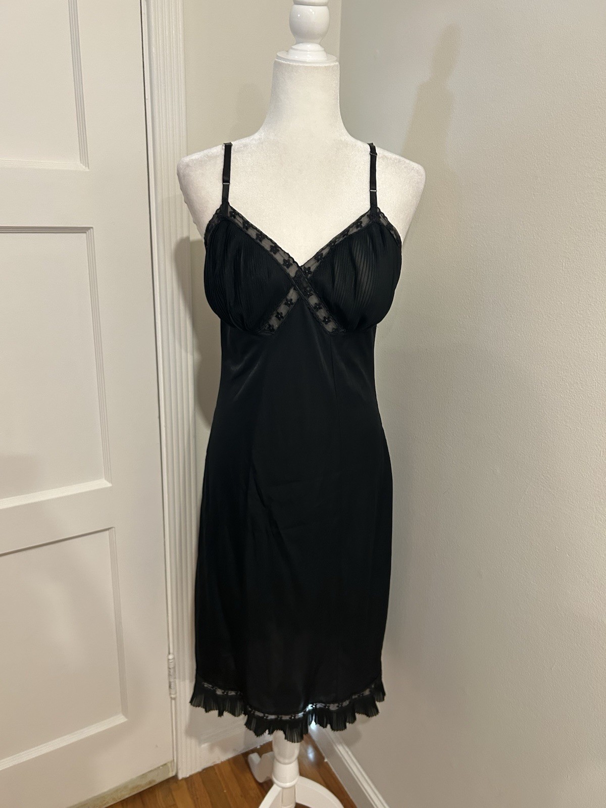 Vtg Rogers 1950s Womens Lace Pleated Slip Midi Dress 34 Tall Black