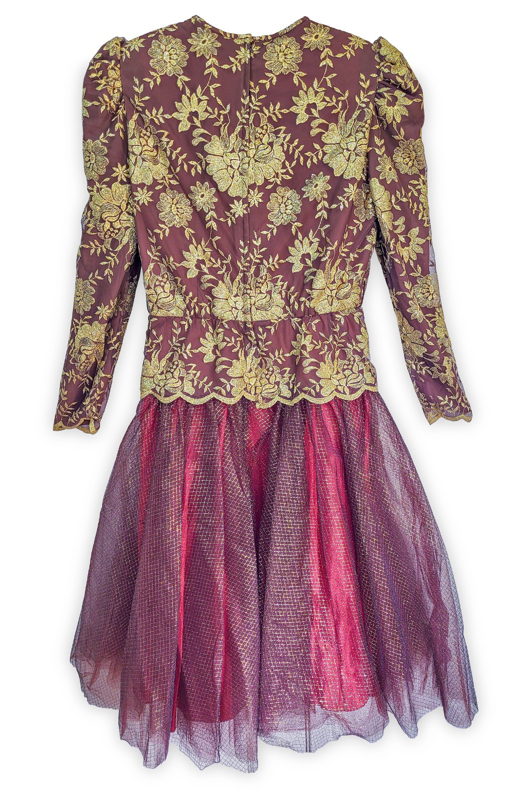 William Pearson Gold Floral Embroidered Tulle Midi Dress Sz 8 VTG 80s Couture