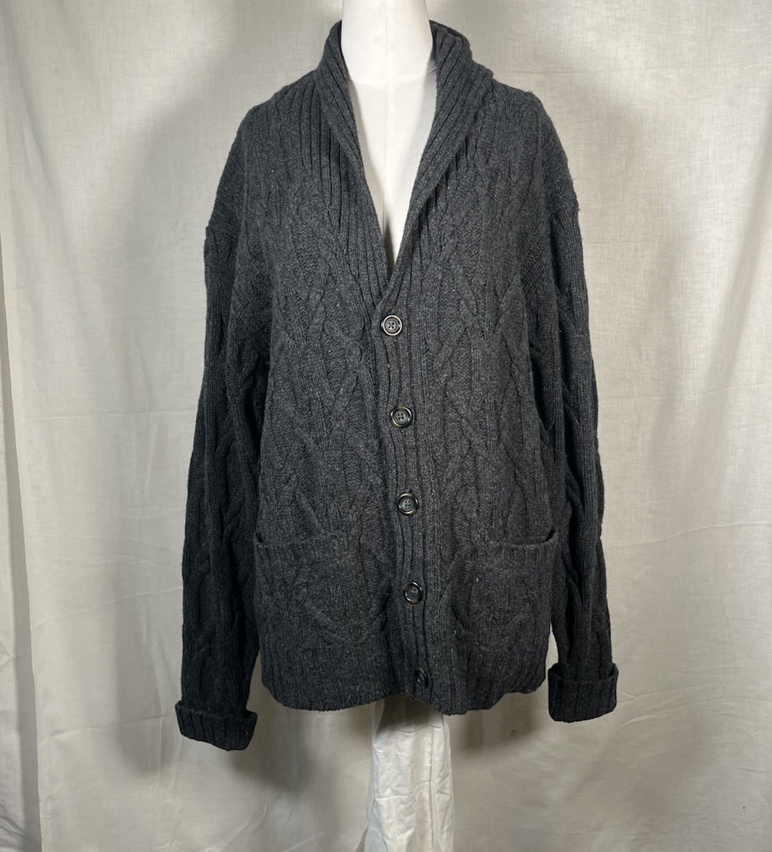 Vintage 60s 70s Pendleton Cable Knit Lamb Wool Collar Cardigan Sweater Grey M US